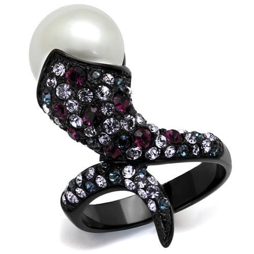 Stainless Steel Black IP Pearl Multi Color Crystal Snake Ring