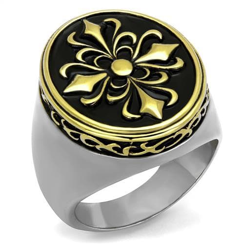Stainless Steel Gold Fleur De Lis Enamel Round Signet Ring