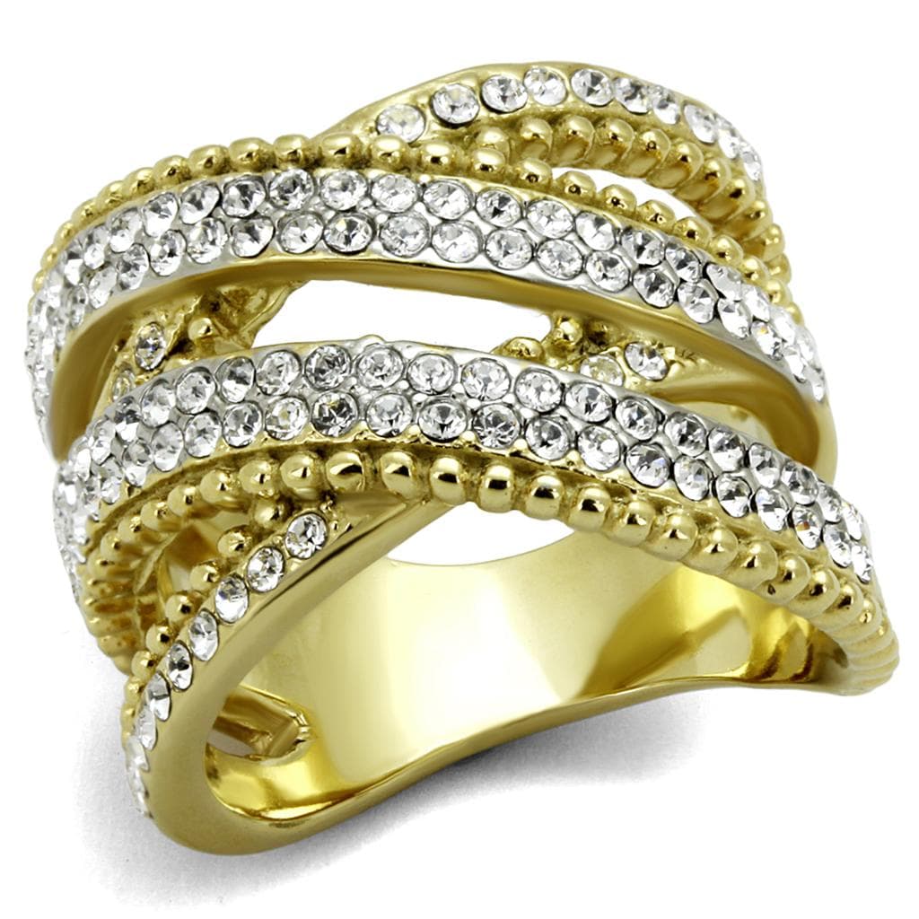 Stainless Steel Gold IP CZ Pave Multi Row Wide Crossover Ring