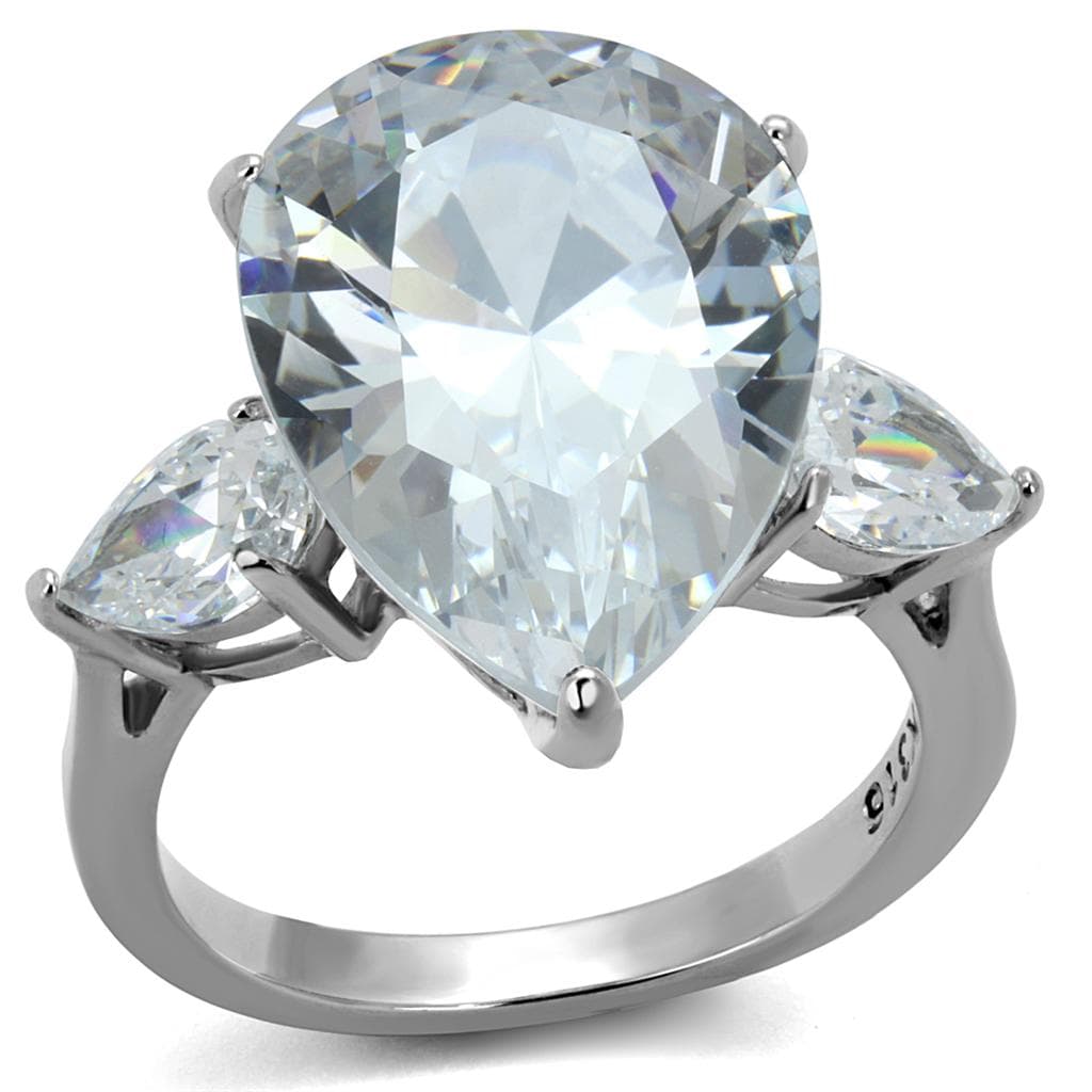 Stainless Steel CZ Oversized Pear Marquise Three Stone Ring