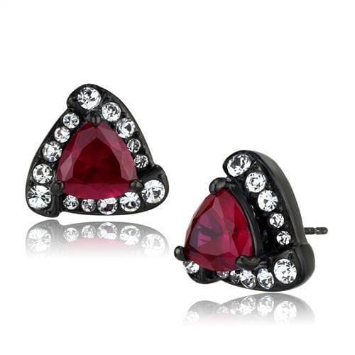 Stainless Steel Black IP Ruby Red CZ Triangle Halo Stud Earrings