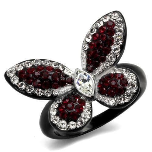 Stainless Steel Black IP Garnet CZ Butterfly Ring