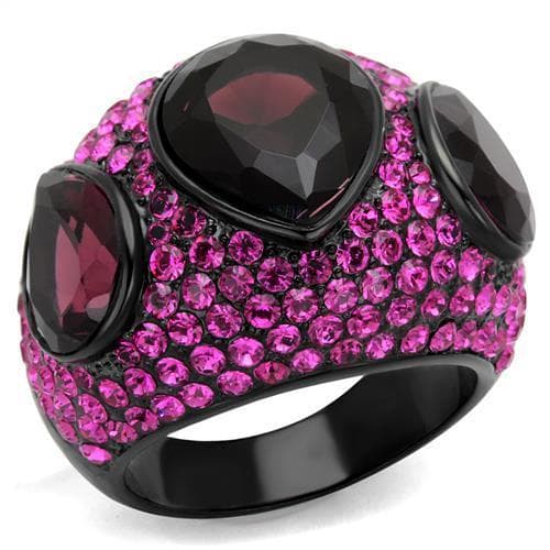 Stainless Steel Black IP Fuchsia Pave Garnet Dome Cocktail Ring