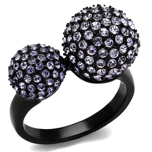 Stainless Steel Black IP Lavender Crystal Double Ball Dome Ring