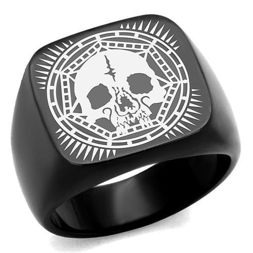 Stainless Steel Black IP Skull Sunburst Compass Signet Ring