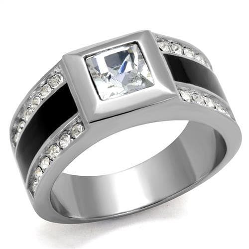Stainless Steel CZ Princess Bezel Channel Black Enamel Mens Ring