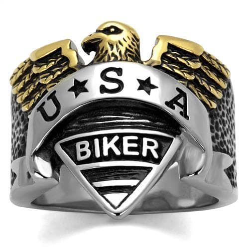 Stainless Steel USA Biker Eagle Shield Gold Accent Ring