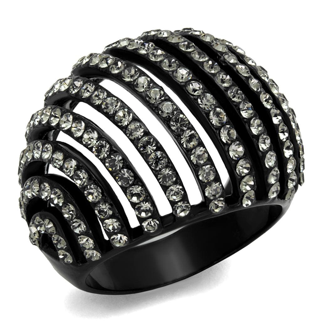 Stainless Steel Black IP CZ Multi Row Striped Dome Ring
