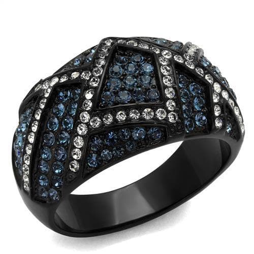 Stainless Steel Black IP Blue Gray Crystal Geometric Wide Ring