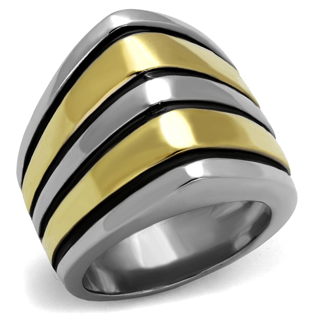 Stainless Steel Two Tone Gold Silver Diagonal Stripe Wide Ring