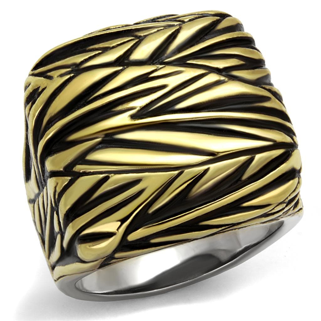 Stainless Steel Gold IP Leaf Palm Carved Wide Cuff Ring