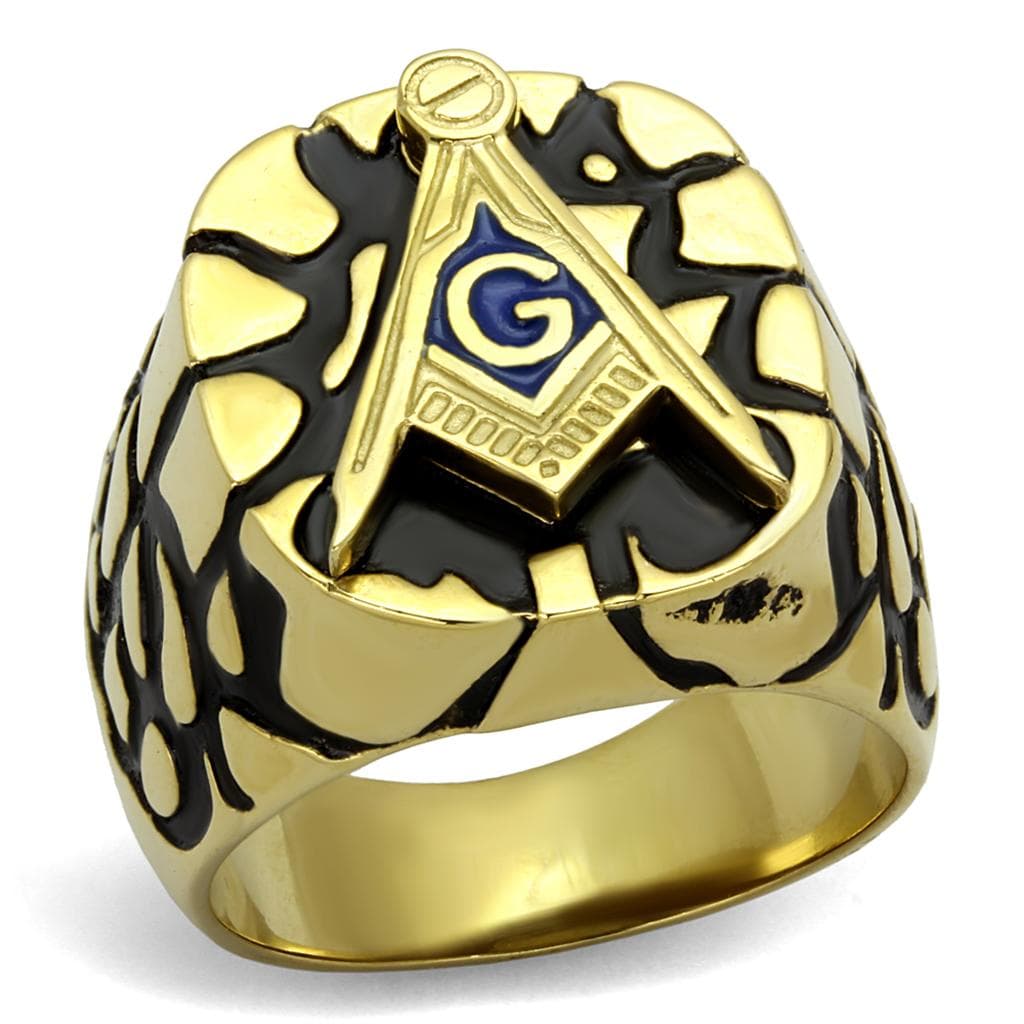 Stainless Steel Gold IP Masonic Blue Enamel Ornate Signet Ring