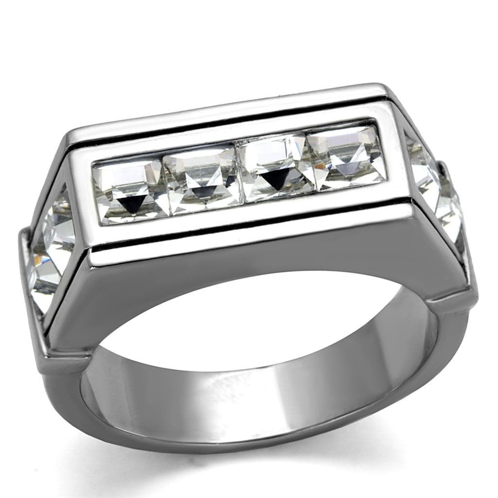 Stainless Steel CZ Princess Channel Bar Top Mens Ring