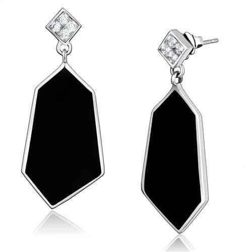 Stainless Steel Black Onyx Geometric Kite CZ Drop Earrings