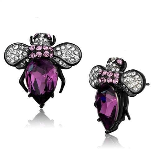 Stainless Steel Black IP Amethyst Purple CZ Bee Insect Earrings