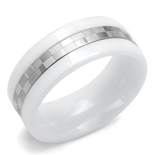 Stainless Steel White Ceramic Faceted Checker Ring