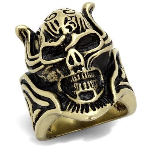 Stainless Steel Antiqued Brass Skull Devil Horns Ring