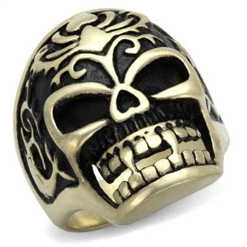 Stainless Steel Antiqued Brass Skull Flame Eyes Tattoo Ring