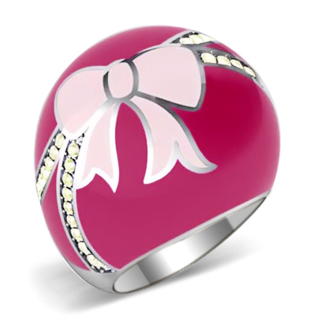 Stainless Steel Hot Pink Enamel Bow CZ Dome Ring