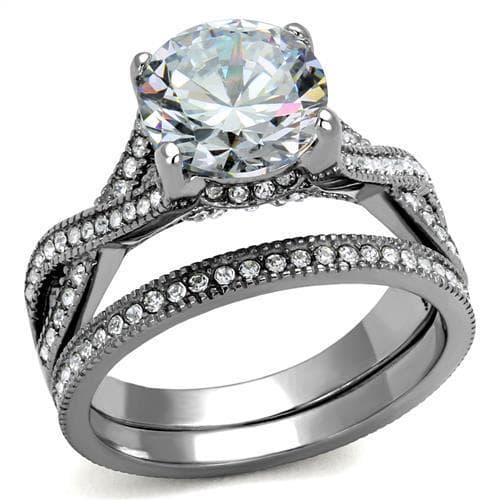 Stainless Steel Dark Gunmetal CZ Round Milgrain Pave Bridal Ring