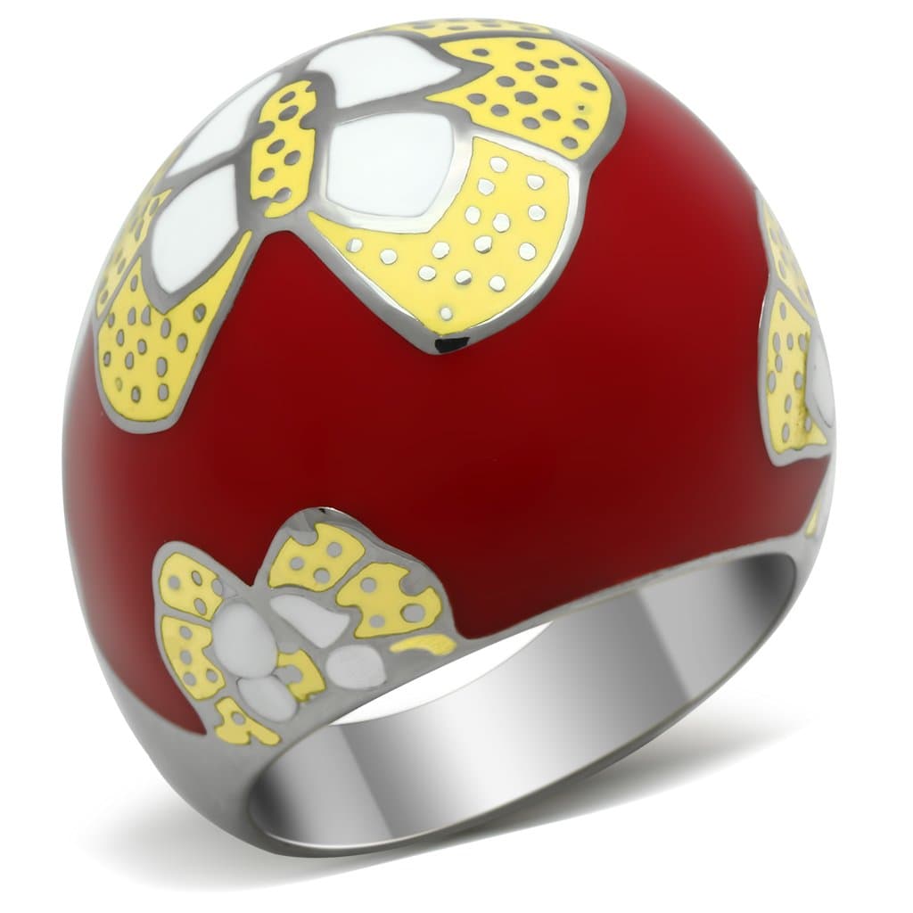 Stainless Steel Red Enamel Yellow Floral Dome Ring
