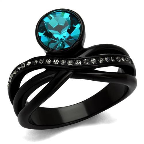 Stainless Steel Black IP Blue Zircon Teal Round CZ Crossover Ring