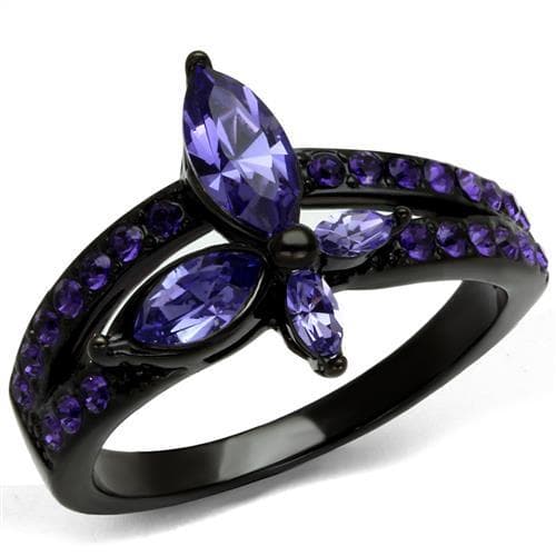 Stainless Steel Black IP Tanzanite Purple CZ Butterfly Ring