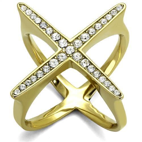 Stainless Steel Gold IP CZ X Criss Cross Open Ring