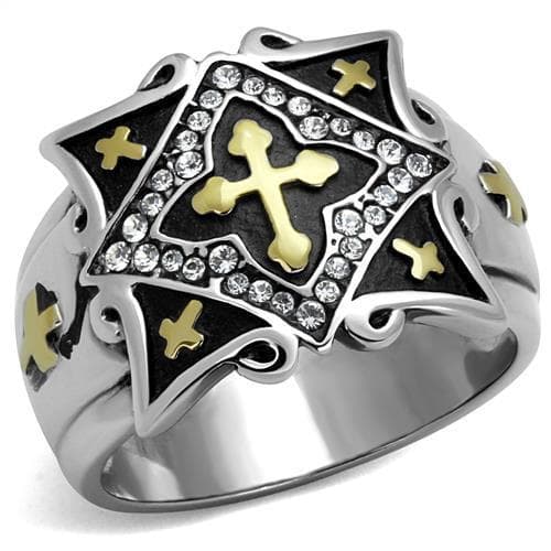 Stainless Steel Two Tone Gold Cross Star Shield CZ Gothic Ring