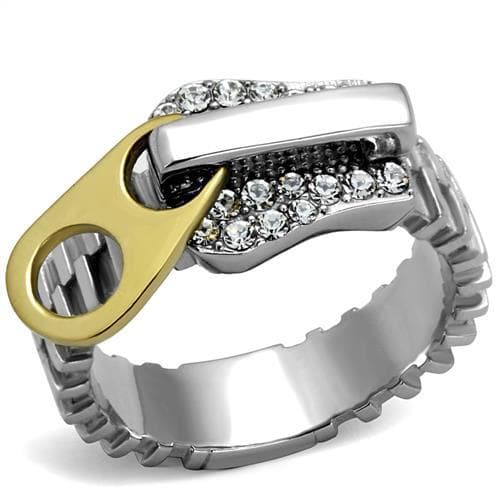 Stainless Steel Two Tone Gold CZ Zipper Gear Wide Ring