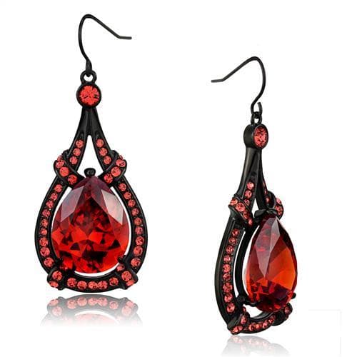 Stainless Steel Black IP Red Garnet Pear CZ Halo Drop Earrings