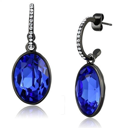 Stainless Steel Black IP Blue Sapphire Oval CZ Drop Earrings