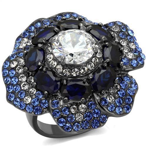 Stainless Steel Black IP Blue Sapphire CZ Flower Petal Ring