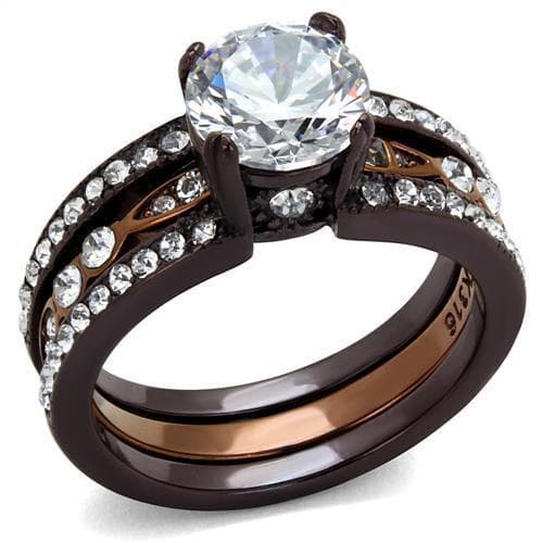 Stainless Steel Coffee Brown CZ Round Solitaire Pave Bridal Ring