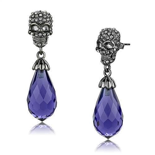 Stainless Steel Antiqued Skull CZ Pave Tanzanite Earrings