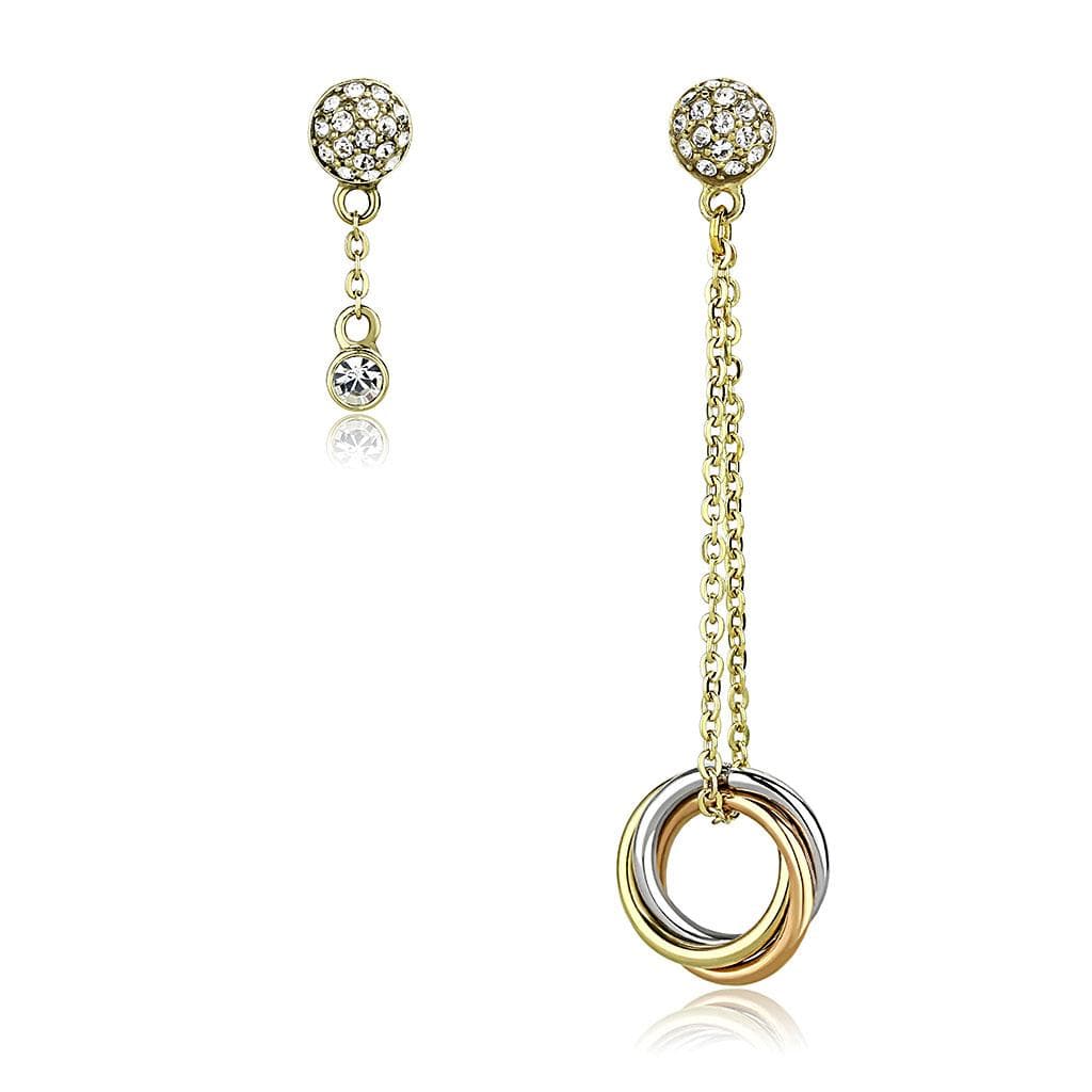 Stainless Steel Gold IP CZ Ball Chain Circle Drop Earrings