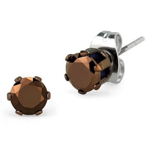Stainless Steel Smoky Brown CZ Round Large Prong Stud Earrings