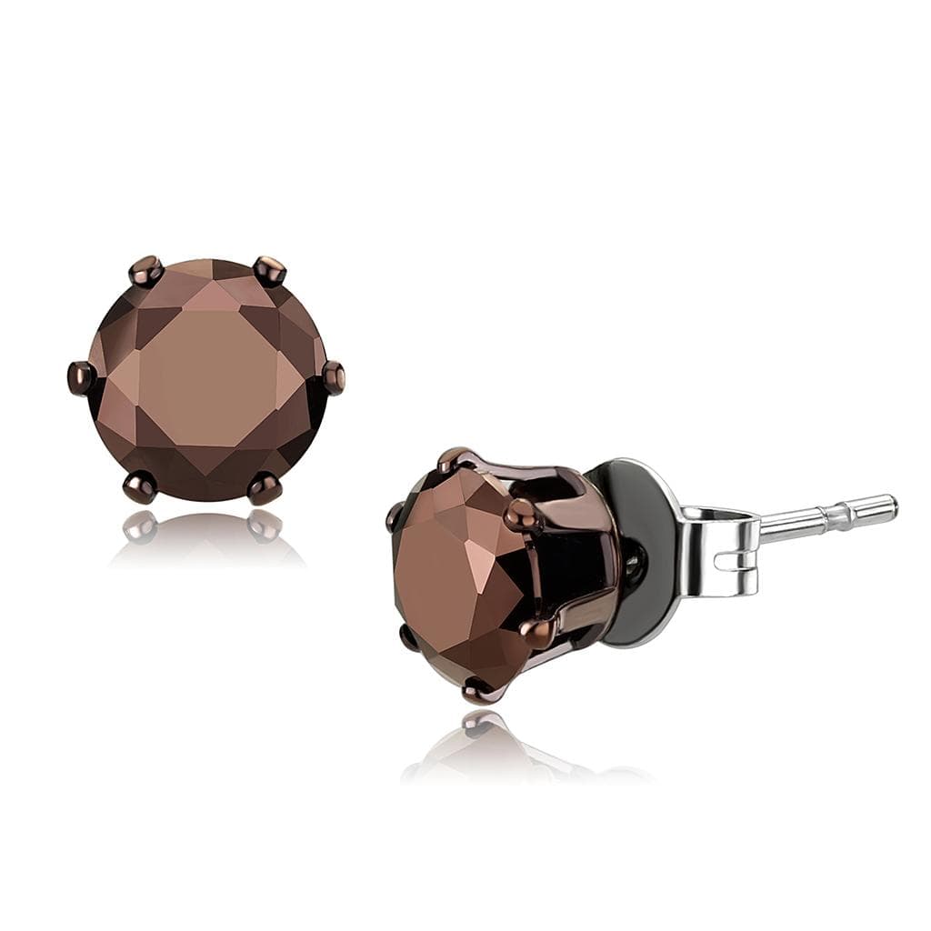 Stainless Steel Smoky Brown CZ Round Medium Prong Stud Ring