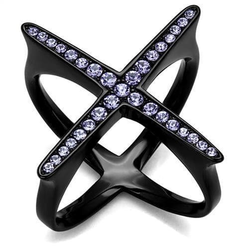 Stainless Steel Black IP CZ X Criss Cross Open Ring