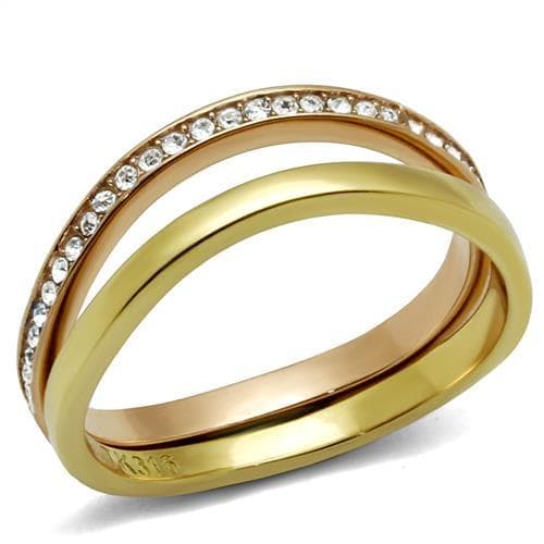 Stainless Steel Gold IP CZ Channel Interlocking Triple Stack Ring