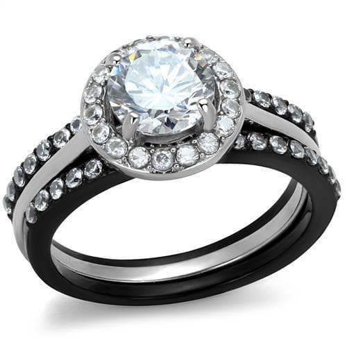 Stainless Steel Black IP CZ Round Halo Pave Bridal Ring