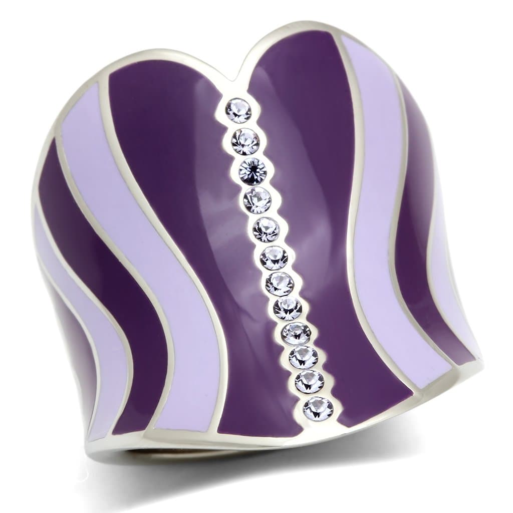 Stainless Steel Purple Lavender Enamel Wave CZ Heart Dome Ring