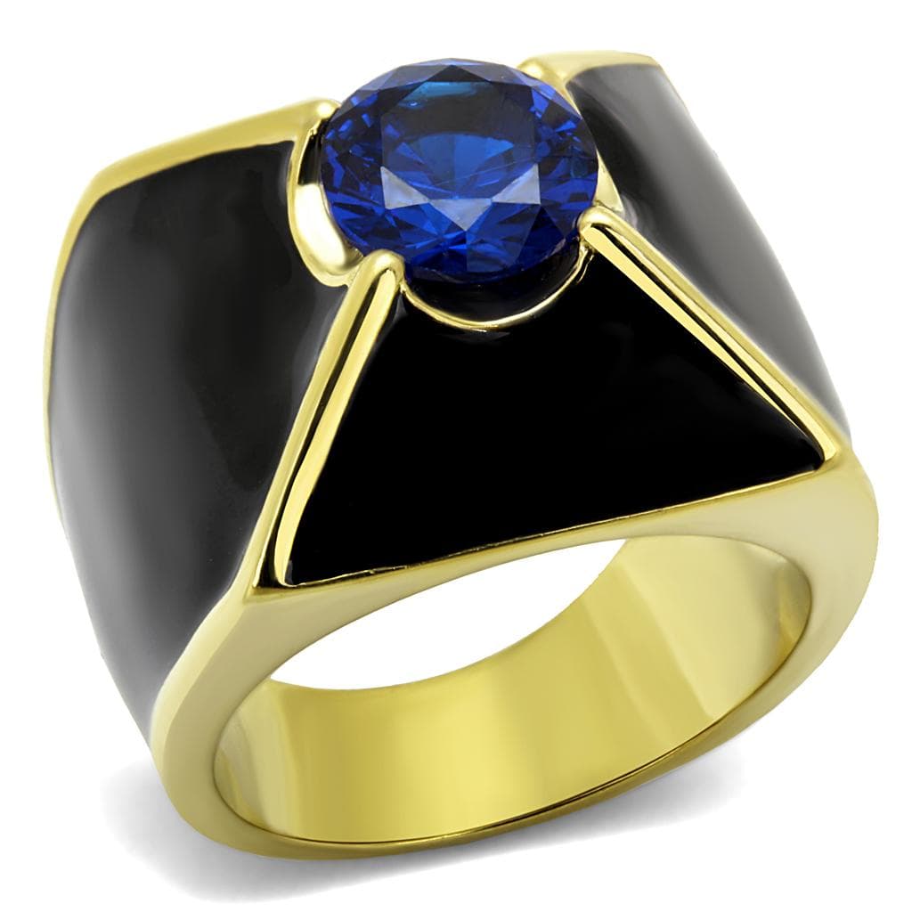Stainless Steel Two Tone Gold IP Blue Sapphire CZ Black Onyx Ring