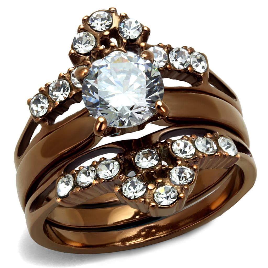 Stainless Steel Coffee Brown IP CZ Round Pave Bridal Ring