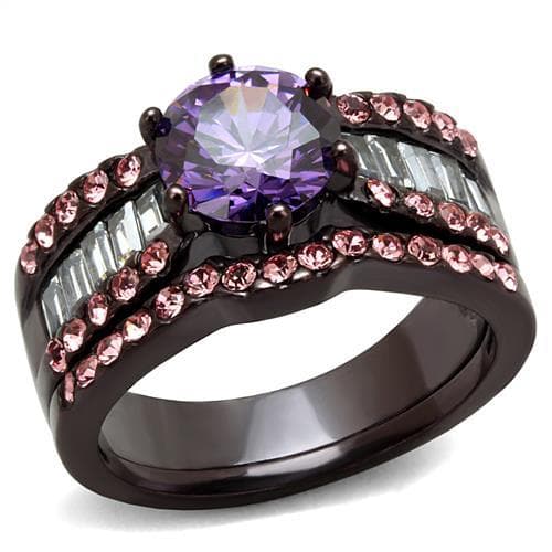 Stainless Steel Coffee Brown IP Amethyst Purple CZ Round Pink