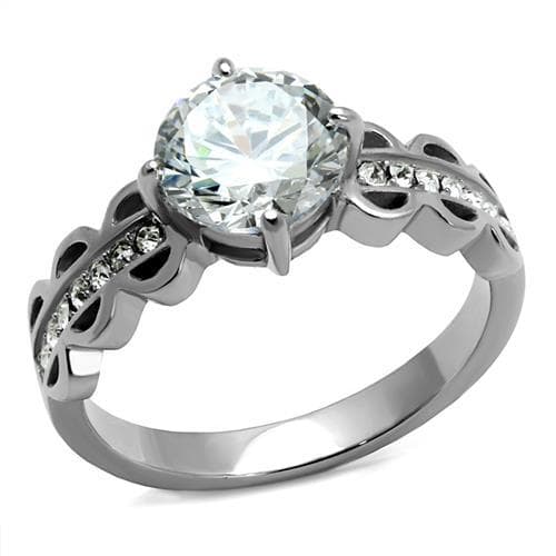 Stainless Steel CZ Round Pave Leaf Vine Bridal Ring