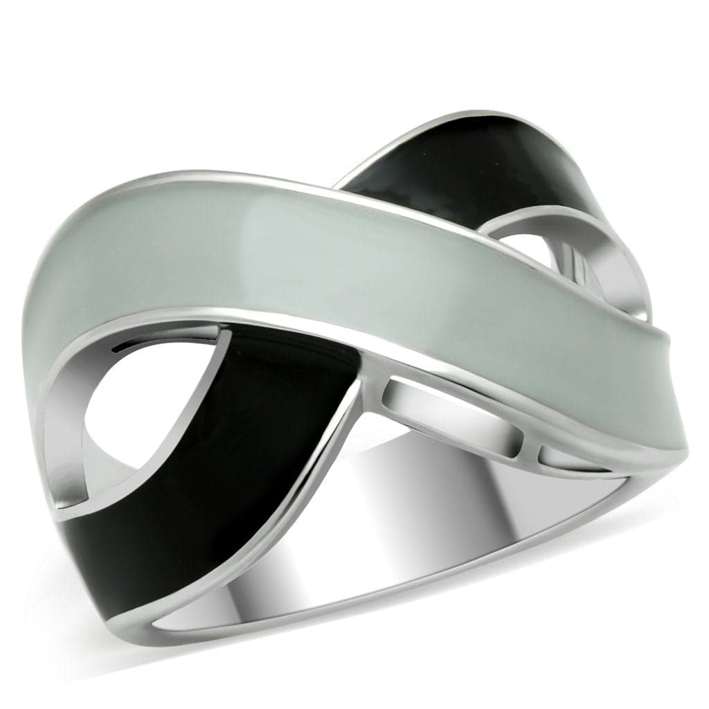 Stainless Steel Two Tone Black IP Silver Enamel Crossover Ring