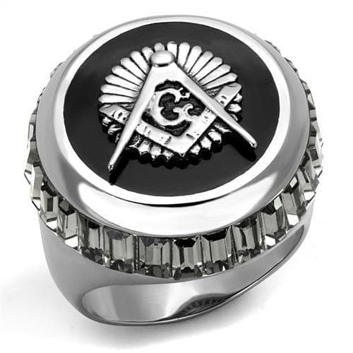 Stainless Steel Masonic Compass Baguette CZ Signet Ring