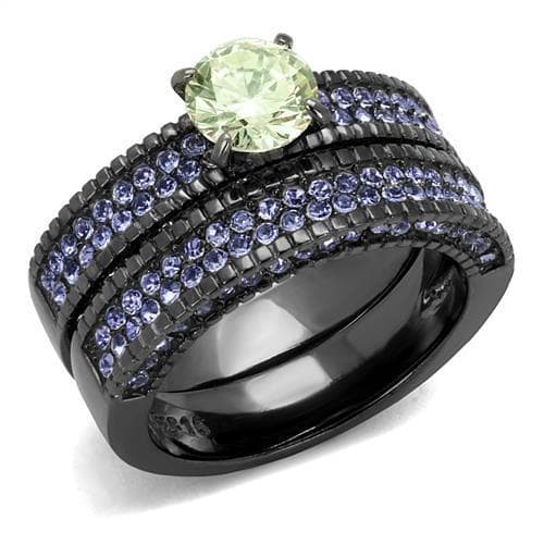 Stainless Steel Dark Gunmetal Peridot Green CZ Tanzanite Ring