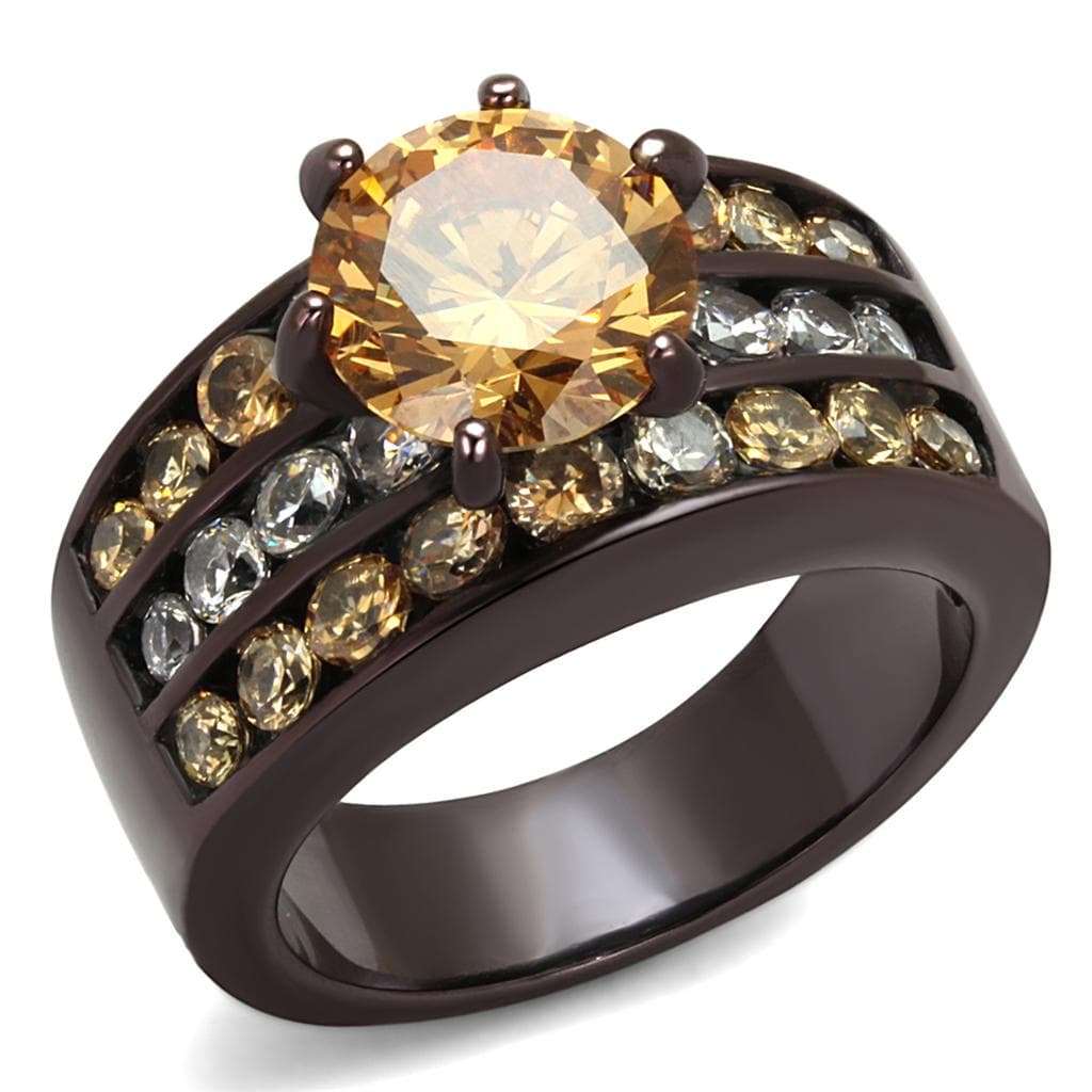 Stainless Steel Coffee Brown IP Champagne CZ Round Wide Pave Ring